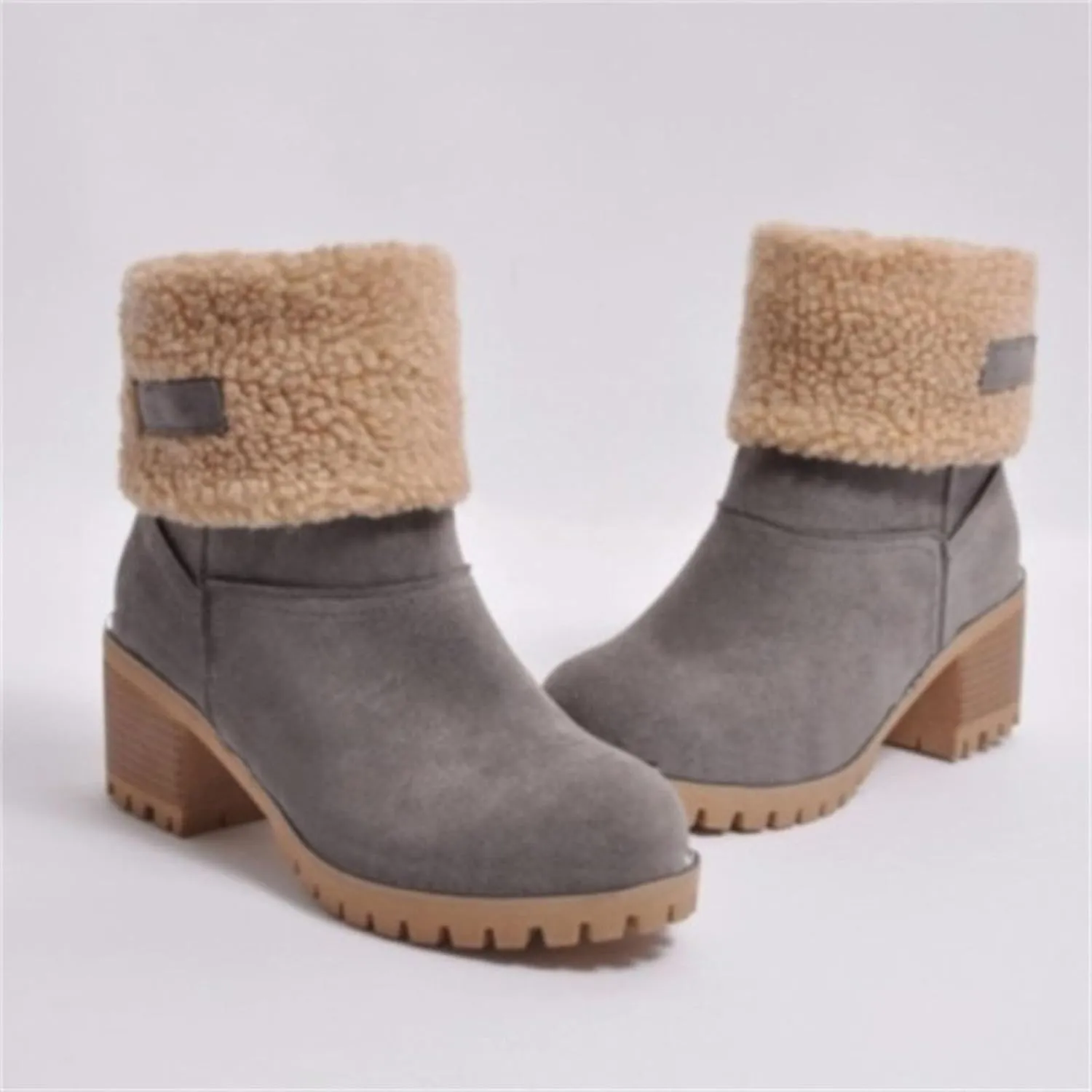 Womens Snow Boots Chunky Heel Slip On Ankle Booties Suede Fur Lined Waterproof Outdoor Comfortable Winter Shoes