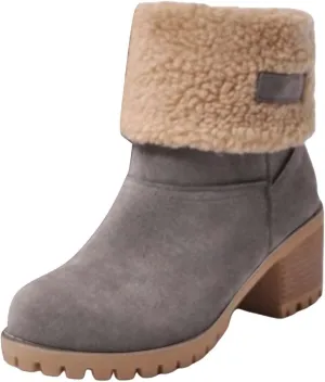 Womens Snow Boots Chunky Heel Slip On Ankle Booties Suede Fur Lined Waterproof Outdoor Comfortable Winter Shoes