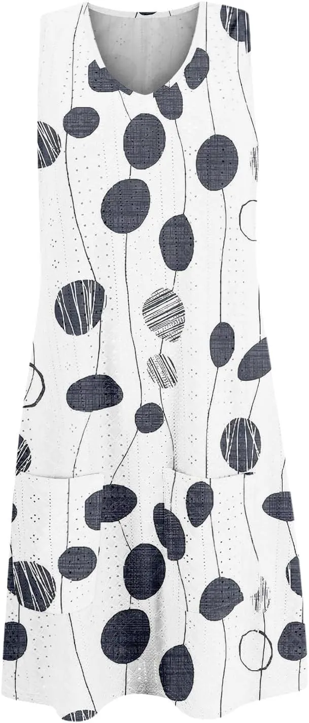 Women's Spring Dresses 2025 Trendy Polka Dot Crewneck Loose Tank T-Shirts Sundress with Pockets Casual, S-3XL