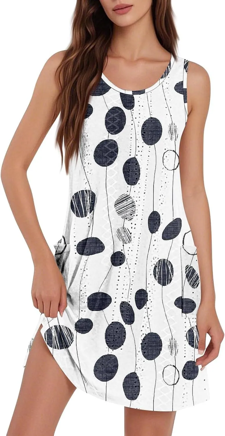 Women's Spring Dresses 2025 Trendy Polka Dot Crewneck Loose Tank T-Shirts Sundress with Pockets Casual, S-3XL