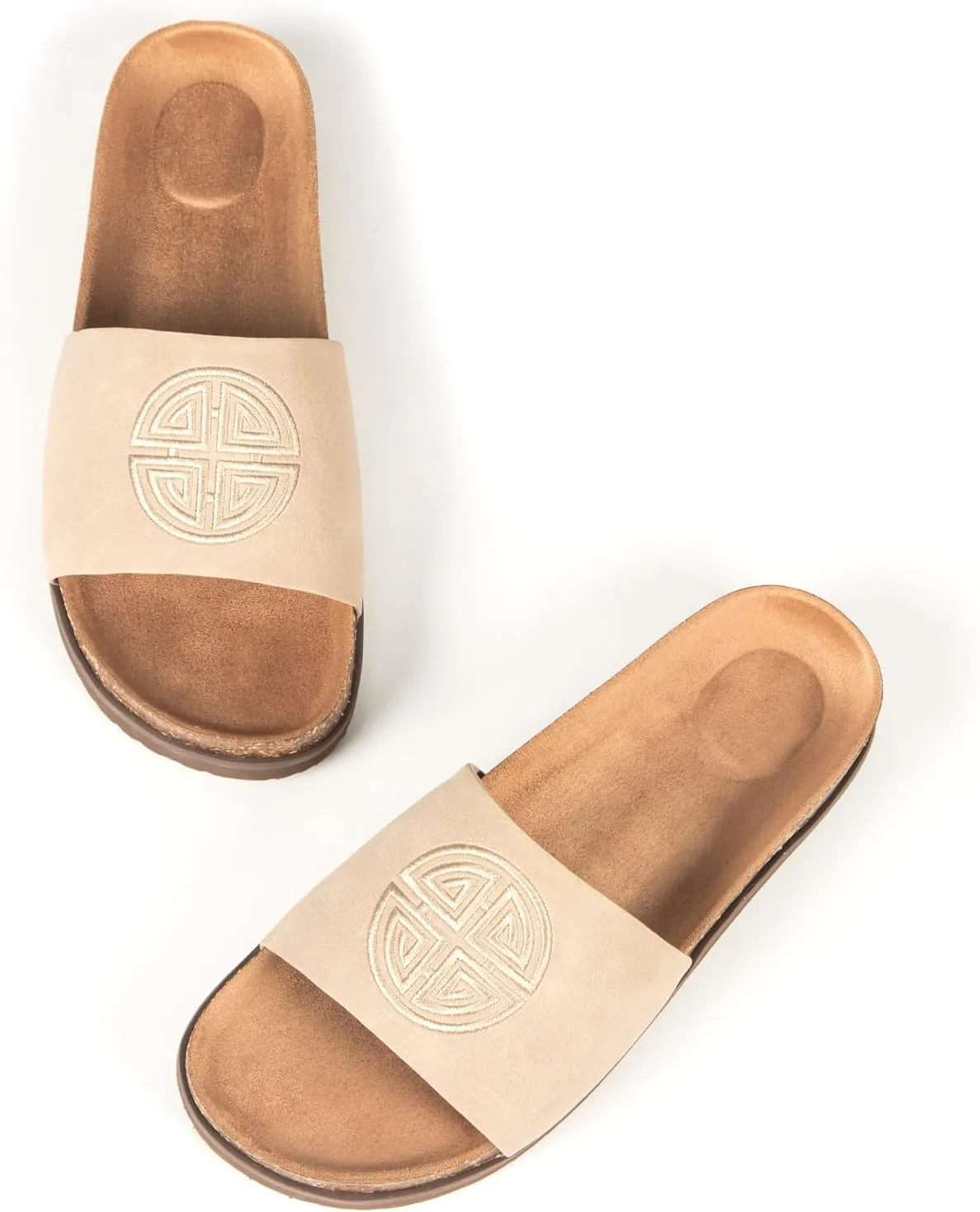 Women's Suede Slide Sandals with Arch Support,Cork Comfortable Summer Flat Sandals for Women 2025 Beach Vacation Shoes,Cute Dressy Sandals Outdoor Slippers