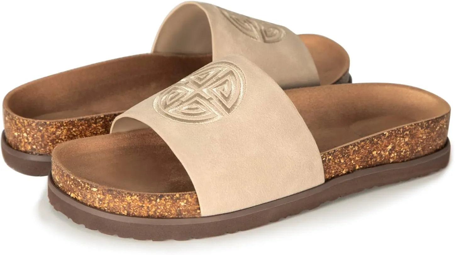 Women's Suede Slide Sandals with Arch Support,Cork Comfortable Summer Flat Sandals for Women 2025 Beach Vacation Shoes,Cute Dressy Sandals Outdoor Slippers