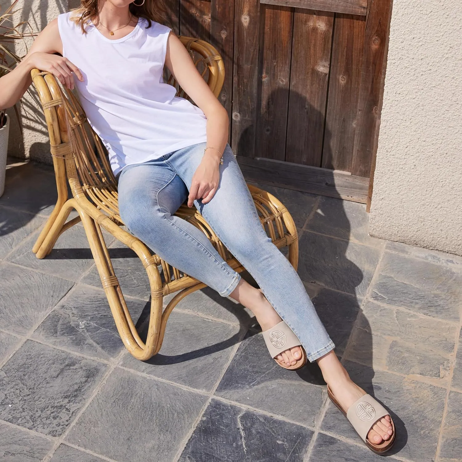 Women's Suede Slide Sandals with Arch Support,Cork Comfortable Summer Flat Sandals for Women 2025 Beach Vacation Shoes,Cute Dressy Sandals Outdoor Slippers