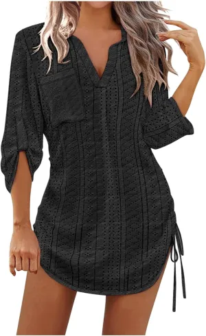 Womens Summer Long Sleeve Dresses V Neck Casual Solid Eyelet Beach Vacation Swimsuit Coverups Dress with Pocket