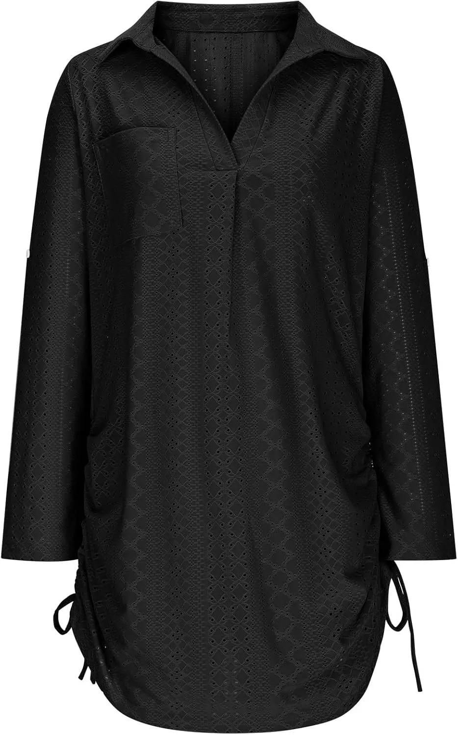Womens Summer Long Sleeve Dresses V Neck Casual Solid Eyelet Beach Vacation Swimsuit Coverups Dress with Pocket