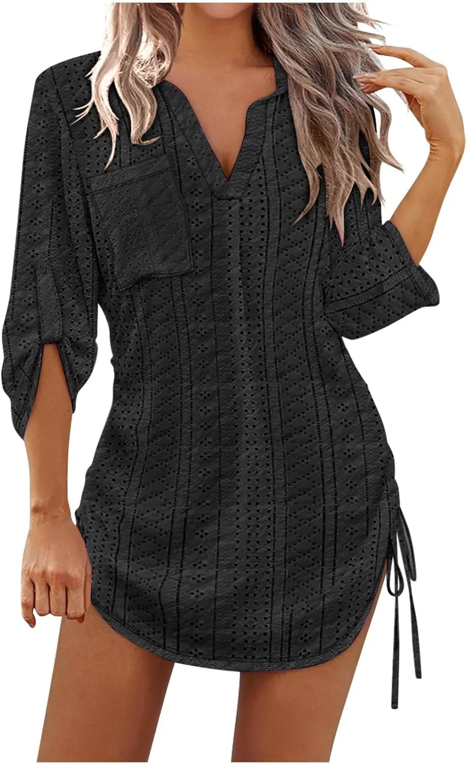 Womens Summer Long Sleeve Dresses V Neck Casual Solid Eyelet Beach Vacation Swimsuit Coverups Dress with Pocket