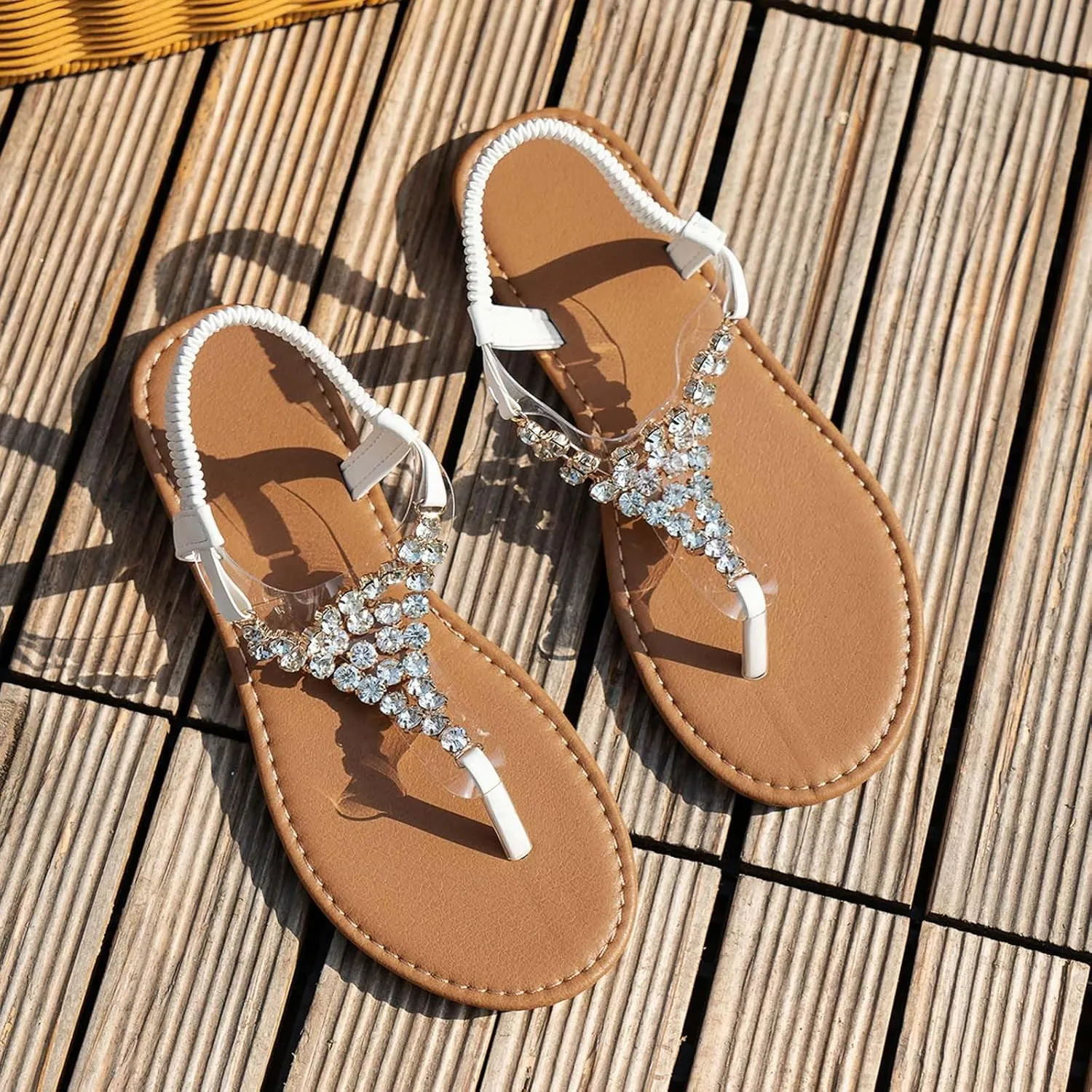 Women's Summer Wide Width Rhinestone Sandals Summer Open Toe Casual Dress Elastic T Strap Flip Flops Backless Comfortable Bohemian Wide Width Walking Dress Shoes for Party Casual Beach Vacation