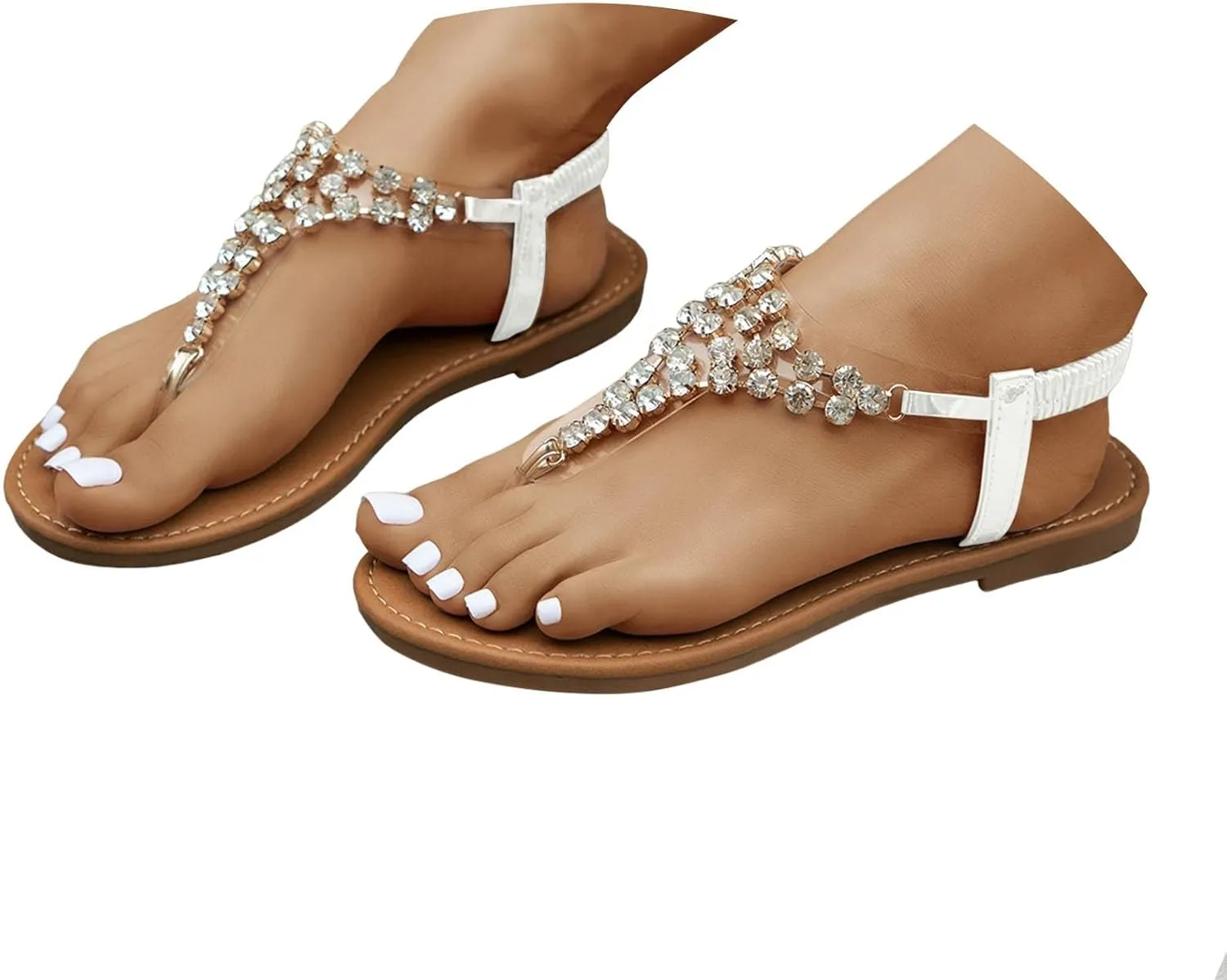 Women's Summer Wide Width Rhinestone Sandals Summer Open Toe Casual Dress Elastic T Strap Flip Flops Backless Comfortable Bohemian Wide Width Walking Dress Shoes for Party Casual Beach Vacation