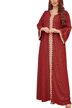 Women's V Neck Color Block Polka Dot Print Long Sleeve Long Muslim Sleepwear With Gold Foil Soft Comfy Nightgowns