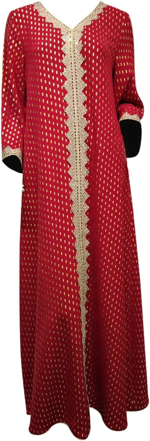 Women's V Neck Color Block Polka Dot Print Long Sleeve Long Muslim Sleepwear With Gold Foil Soft Comfy Nightgowns