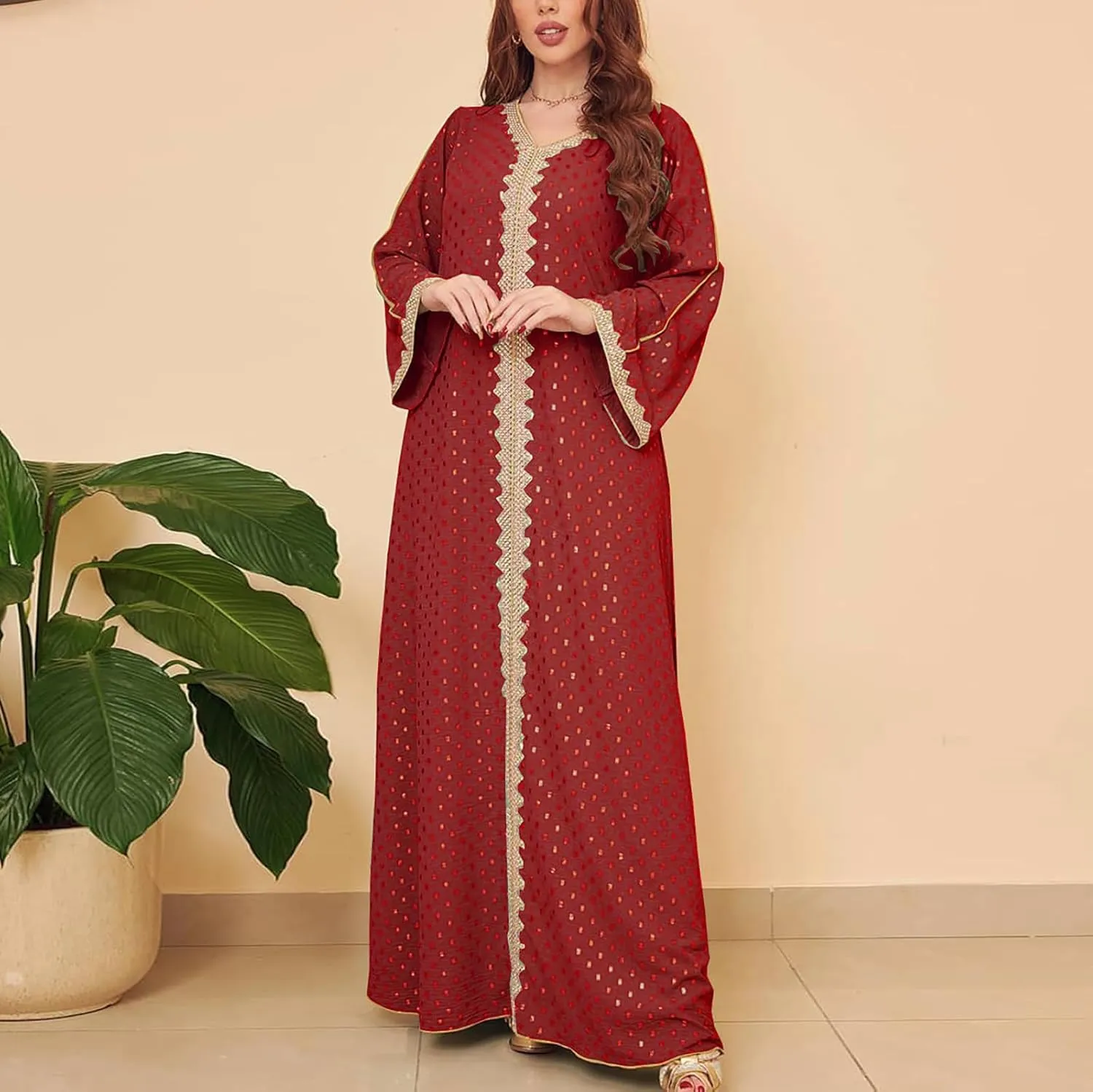 Women's V Neck Color Block Polka Dot Print Long Sleeve Long Muslim Sleepwear With Gold Foil Soft Comfy Nightgowns