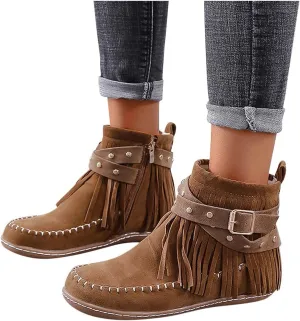 Womenyiaor Women's Fringe Western Cowgirl Boots Ankle Boots Cowboy Boots Suede Tassel Boots Fashion Pull On Short Boots Round Toe Flats Retro Winter Low Heel Booties