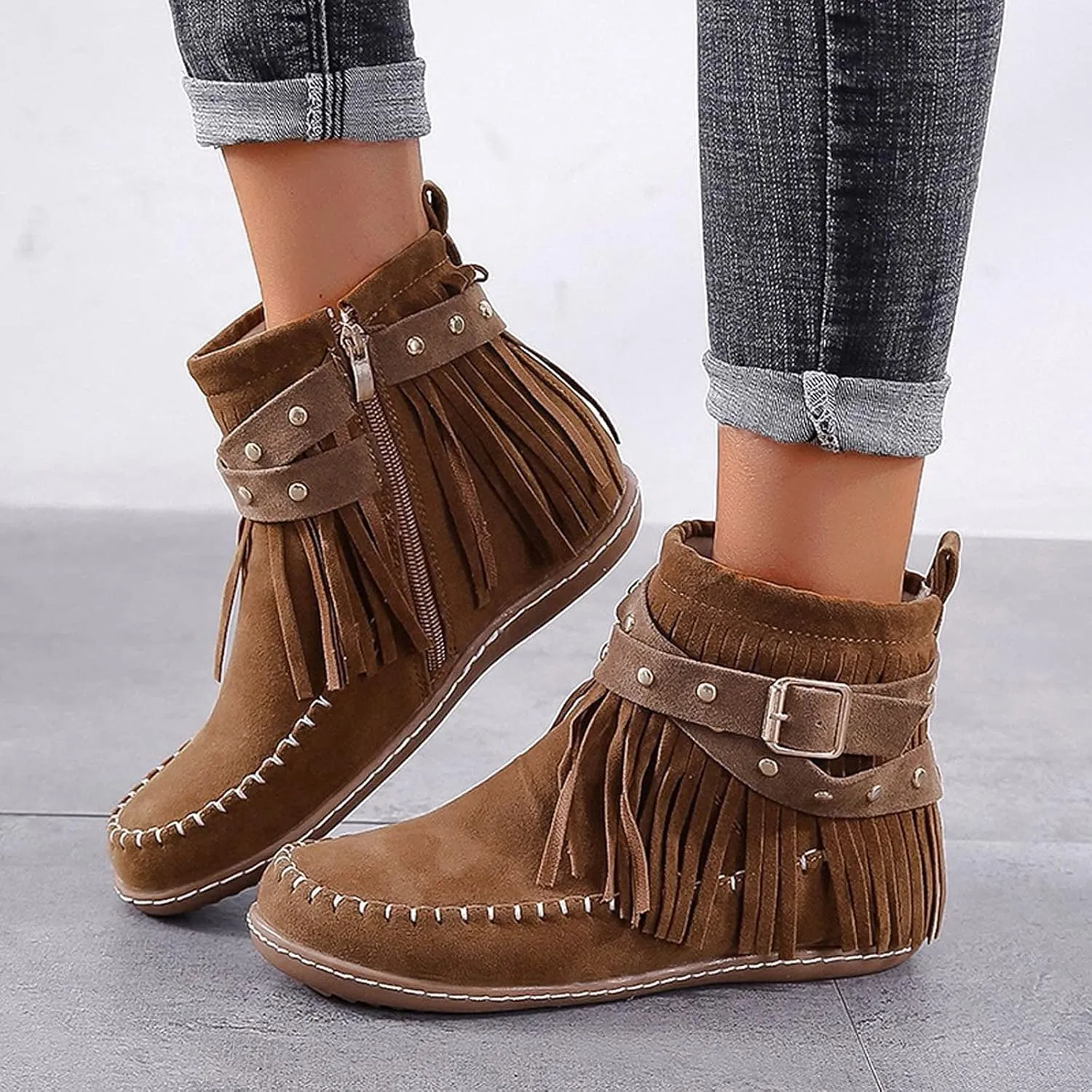 Womenyiaor Women's Fringe Western Cowgirl Boots Ankle Boots Cowboy Boots Suede Tassel Boots Fashion Pull On Short Boots Round Toe Flats Retro Winter Low Heel Booties