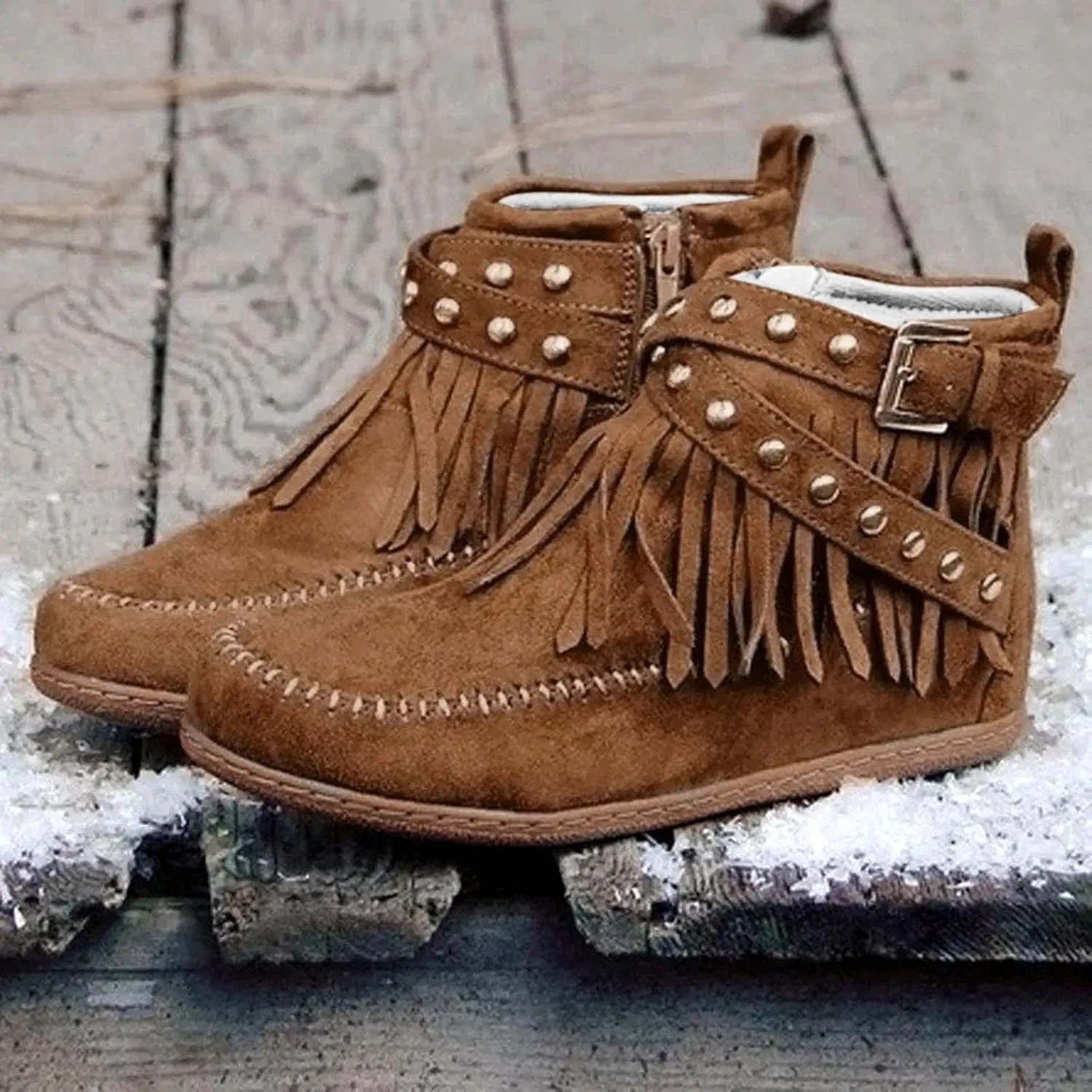 Womenyiaor Women's Fringe Western Cowgirl Boots Ankle Boots Cowboy Boots Suede Tassel Boots Fashion Pull On Short Boots Round Toe Flats Retro Winter Low Heel Booties