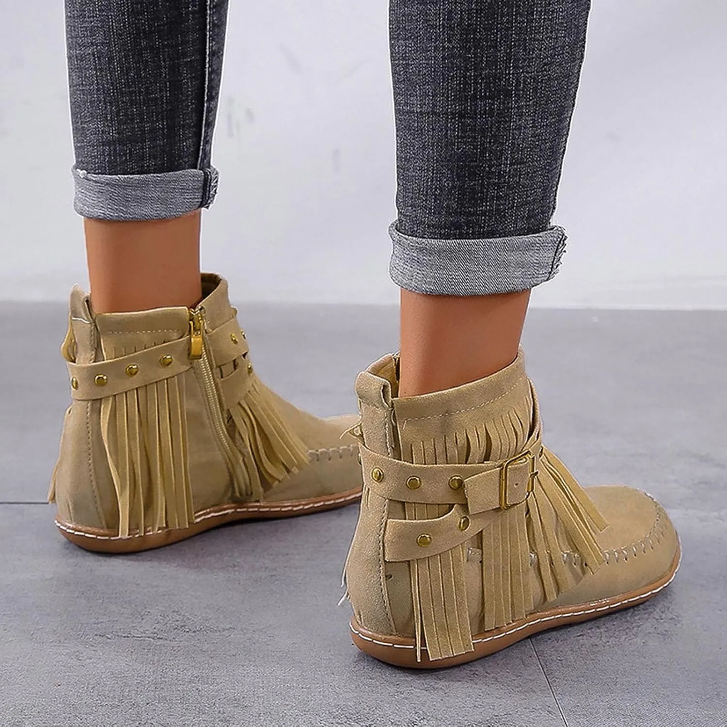 Womenyiaor Women's Fringe Western Cowgirl Boots Ankle Boots Cowboy Boots Suede Tassel Boots Fashion Pull On Short Boots Round Toe Flats Retro Winter Low Heel Booties