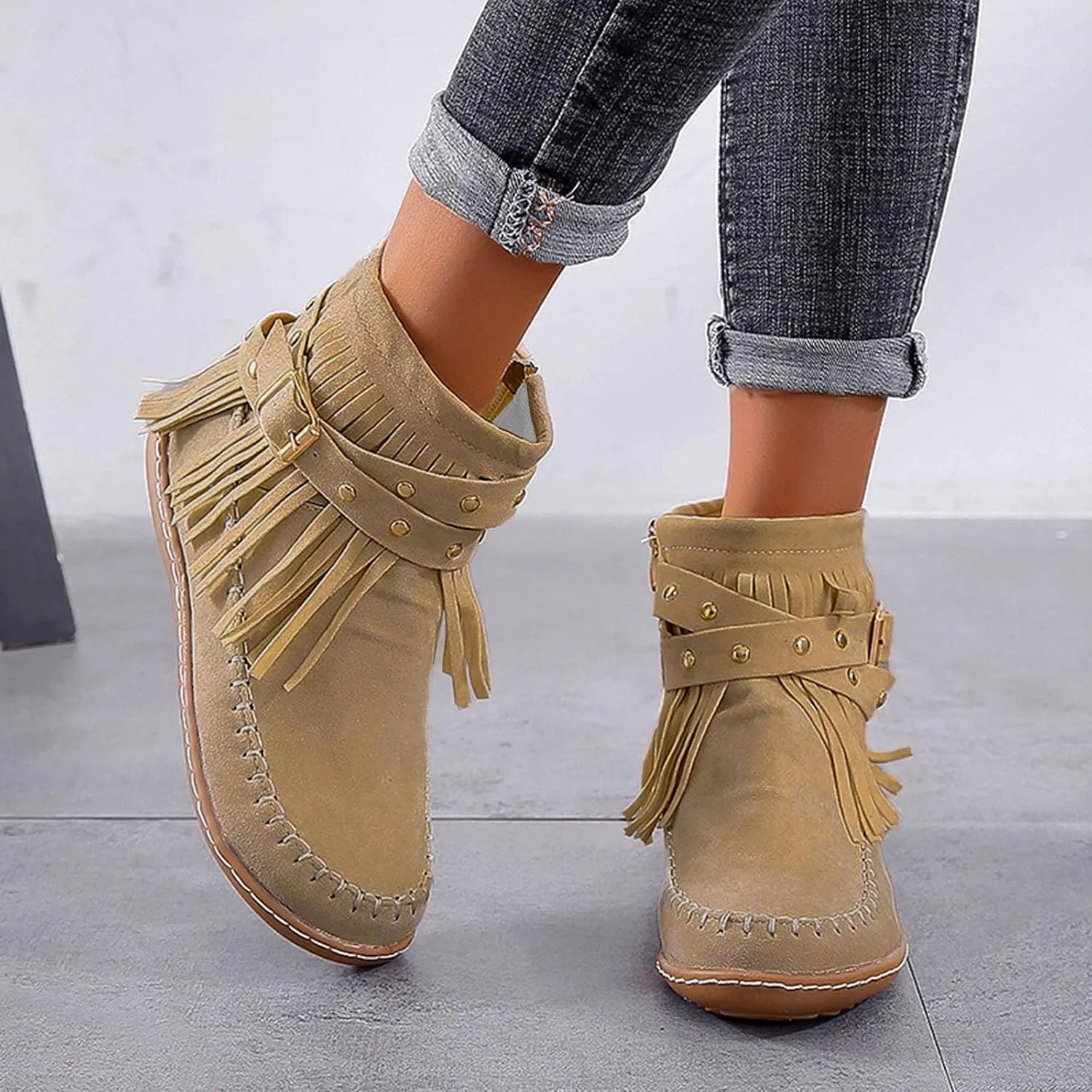 Womenyiaor Women's Fringe Western Cowgirl Boots Ankle Boots Cowboy Boots Suede Tassel Boots Fashion Pull On Short Boots Round Toe Flats Retro Winter Low Heel Booties