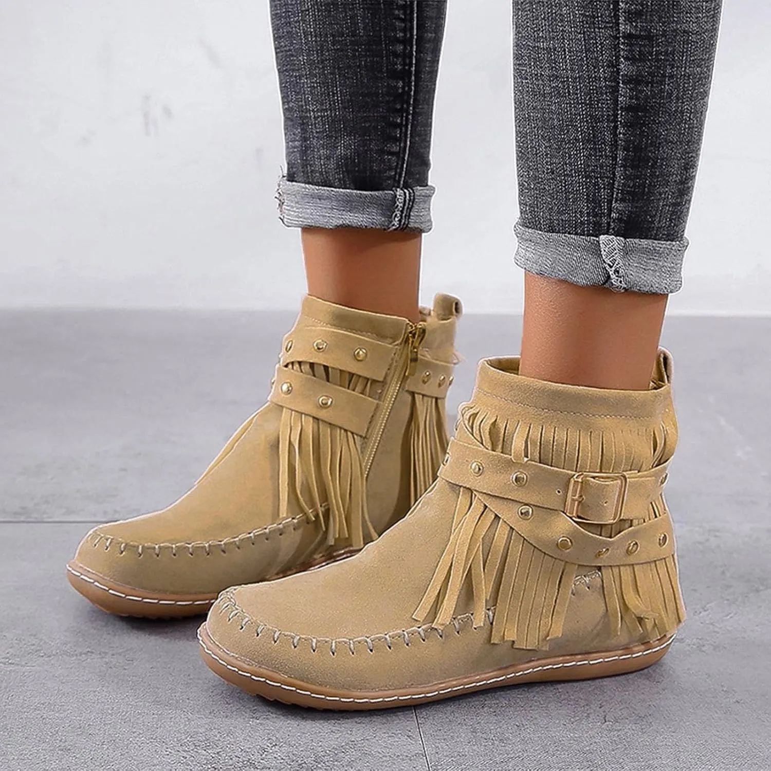 Womenyiaor Women's Fringe Western Cowgirl Boots Ankle Boots Cowboy Boots Suede Tassel Boots Fashion Pull On Short Boots Round Toe Flats Retro Winter Low Heel Booties