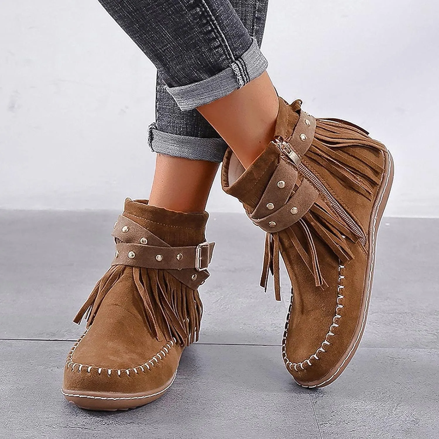 Womenyiaor Women's Fringe Western Cowgirl Boots Ankle Boots Cowboy Boots Suede Tassel Boots Fashion Pull On Short Boots Round Toe Flats Retro Winter Low Heel Booties
