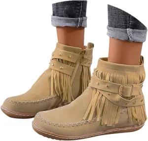 Womenyiaor Women's Fringe Western Cowgirl Boots Ankle Boots Cowboy Boots Suede Tassel Boots Fashion Pull On Short Boots Round Toe Flats Retro Winter Low Heel Booties