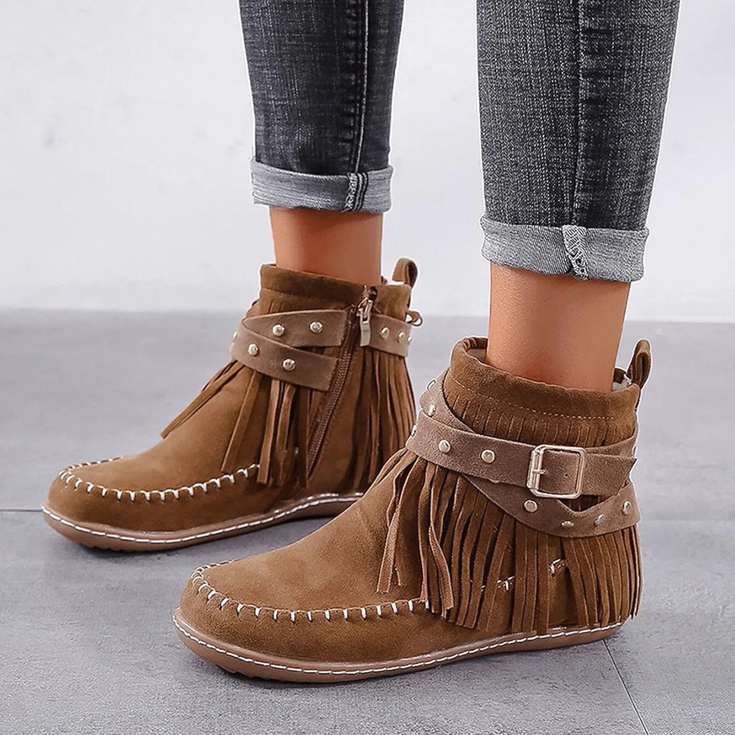 Womenyiaor Women's Fringe Western Cowgirl Boots Ankle Boots Cowboy Boots Suede Tassel Boots Fashion Pull On Short Boots Round Toe Flats Retro Winter Low Heel Booties