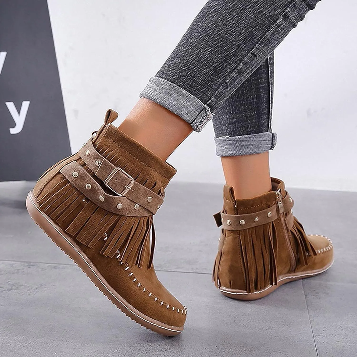 Womenyiaor Women's Fringe Western Cowgirl Boots Ankle Boots Cowboy Boots Suede Tassel Boots Fashion Pull On Short Boots Round Toe Flats Retro Winter Low Heel Booties
