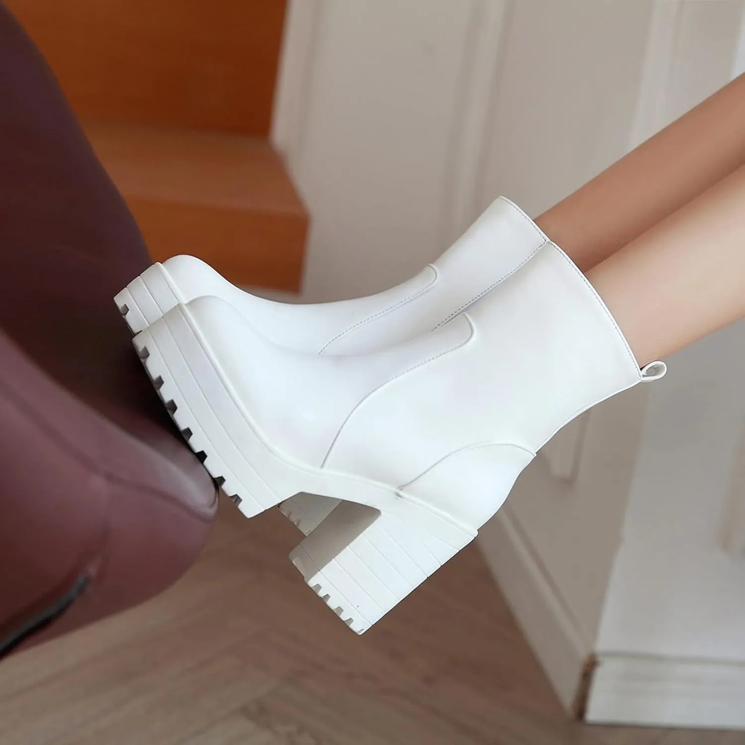 Yck-SAiWed Winter Platform Boots for Women Fashion Lug Sole Ankle Boots Dressy Round Toe Chunky Block Heel Go Go Boots with Side Zipper