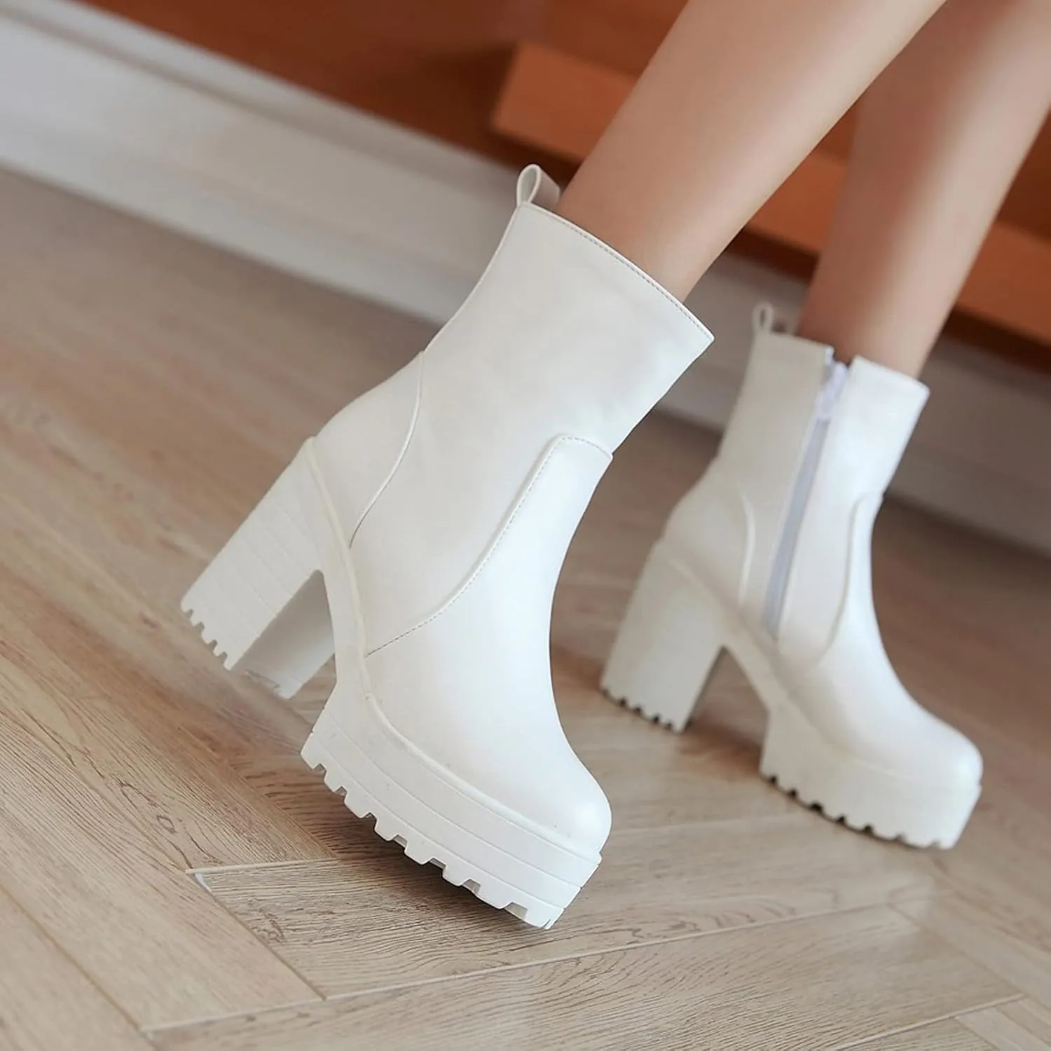 Yck-SAiWed Winter Platform Boots for Women Fashion Lug Sole Ankle Boots Dressy Round Toe Chunky Block Heel Go Go Boots with Side Zipper