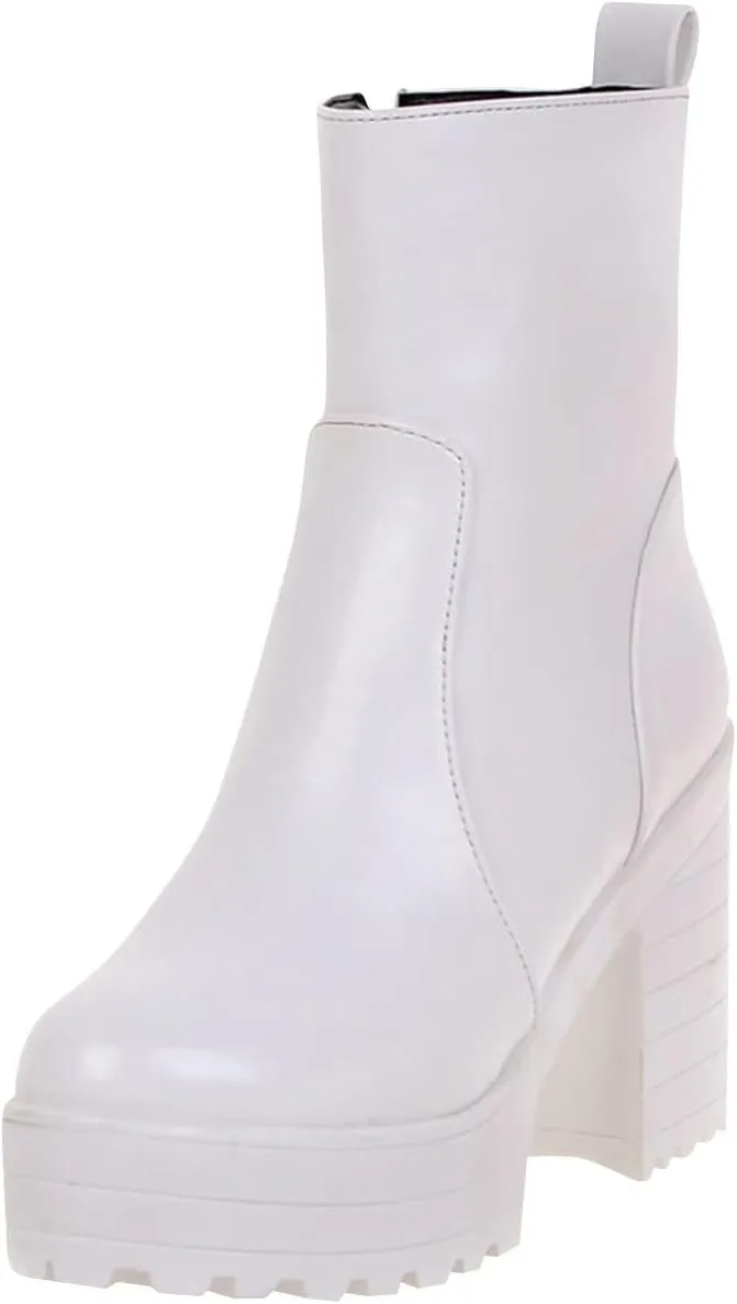 Yck-SAiWed Winter Platform Boots for Women Fashion Lug Sole Ankle Boots Dressy Round Toe Chunky Block Heel Go Go Boots with Side Zipper