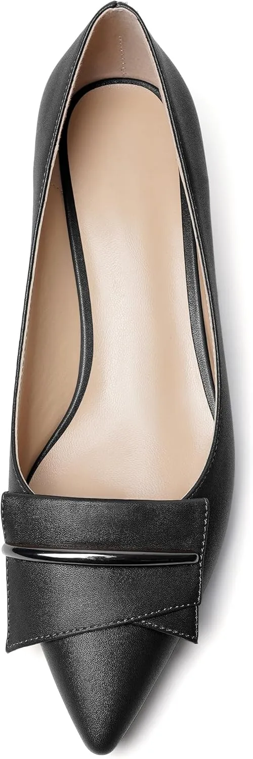 YODEKS Women Low Kitten Heel Pumps Pointed Toe Slip On 1.5 Inch Closed Toe Buckle Bow Comfort Shoes for Wedding Office Evening