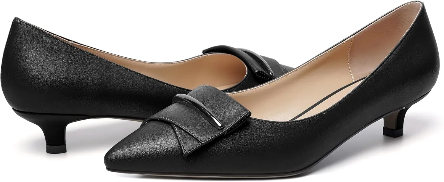 YODEKS Women Low Kitten Heel Pumps Pointed Toe Slip On 1.5 Inch Closed Toe Buckle Bow Comfort Shoes for Wedding Office Evening