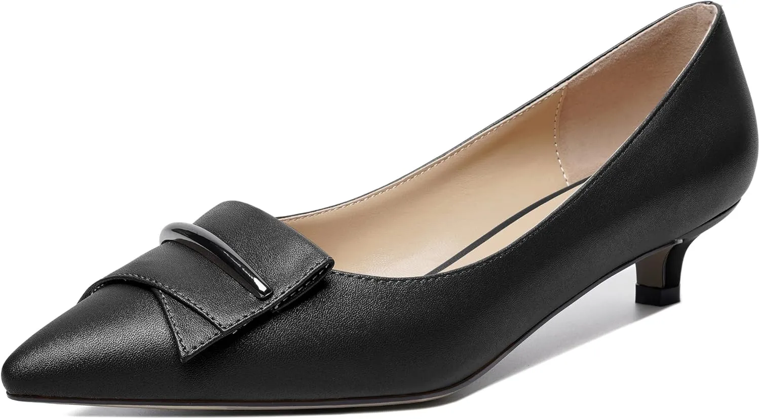 YODEKS Women Low Kitten Heel Pumps Pointed Toe Slip On 1.5 Inch Closed Toe Buckle Bow Comfort Shoes for Wedding Office Evening