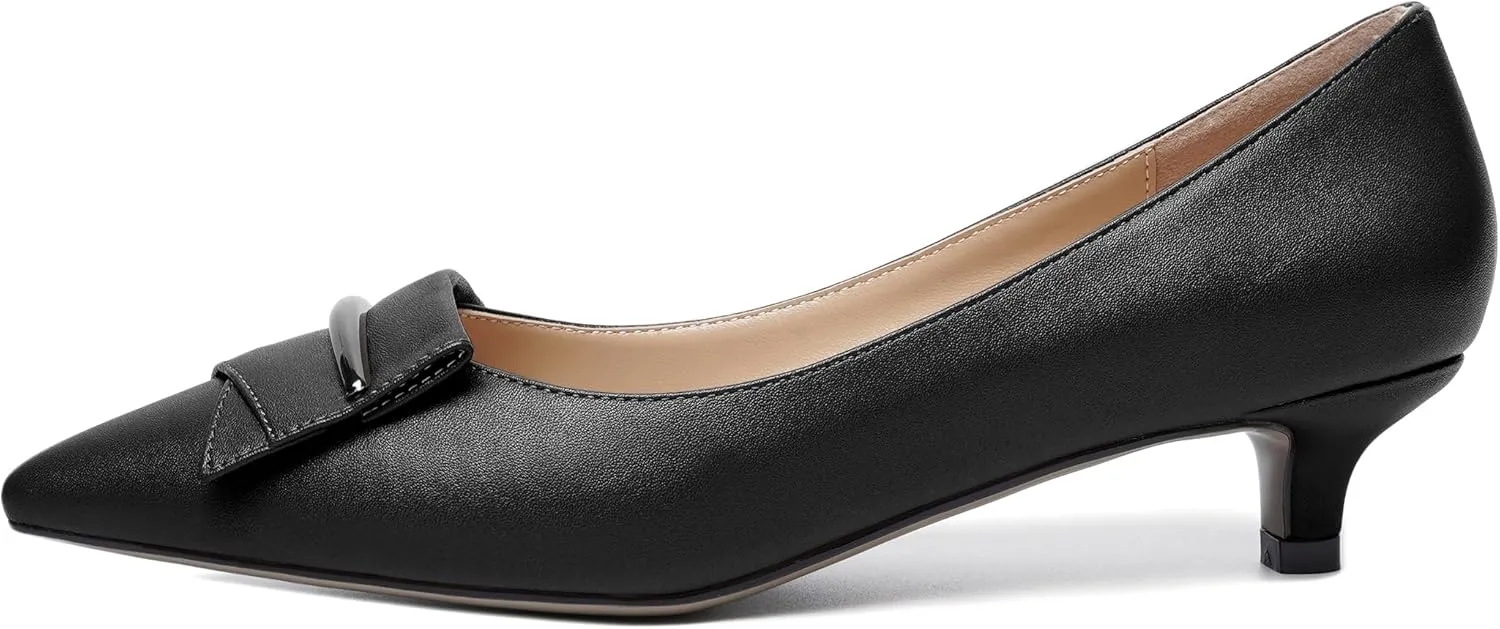 YODEKS Women Low Kitten Heel Pumps Pointed Toe Slip On 1.5 Inch Closed Toe Buckle Bow Comfort Shoes for Wedding Office Evening