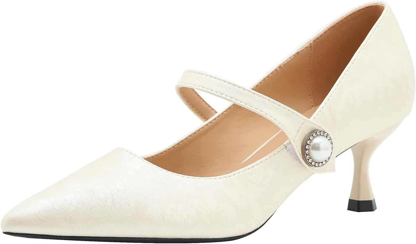 YooPrettyz Women Closed Pointed Toe Pearls Evening High Heels Bridal Dressy Pumps Satin Wedding Shoes