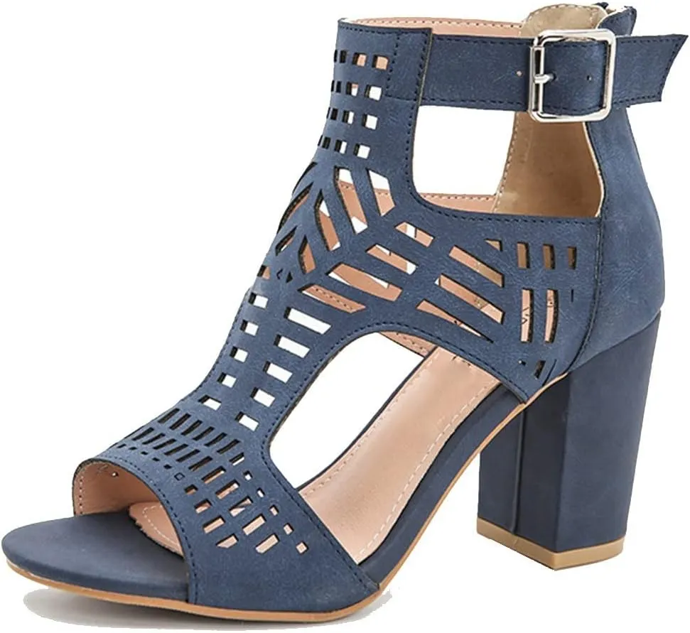 ZBYY Sandals for Women Summer Peep Toe Block Chunky Heel Sandals Cut Out Sandals Back Zipper High Heel Dressy Sandals