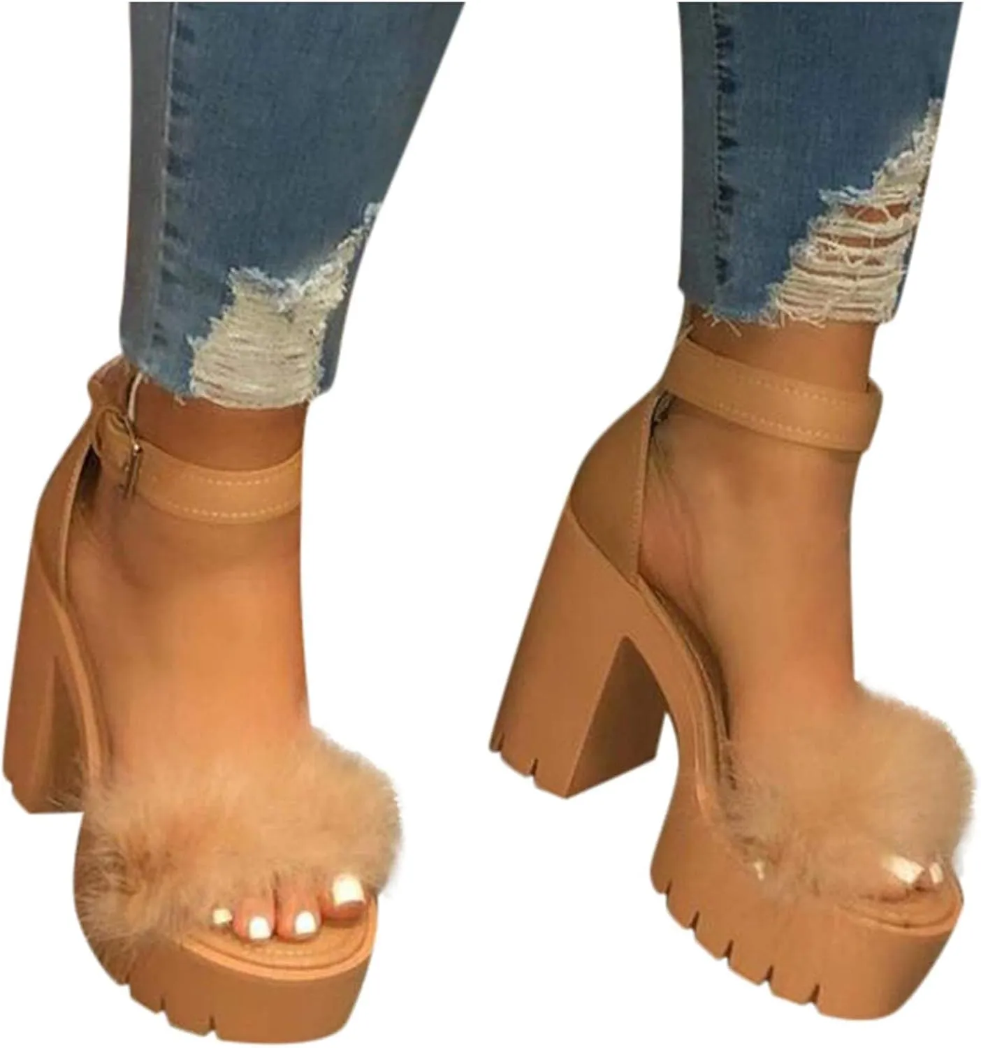 ZBYY Womens Platform Faux Fur Sandals Chunky Heel Open Toe Ankle Strap Sandals Summer High Heeled Dress Pumps Shoes