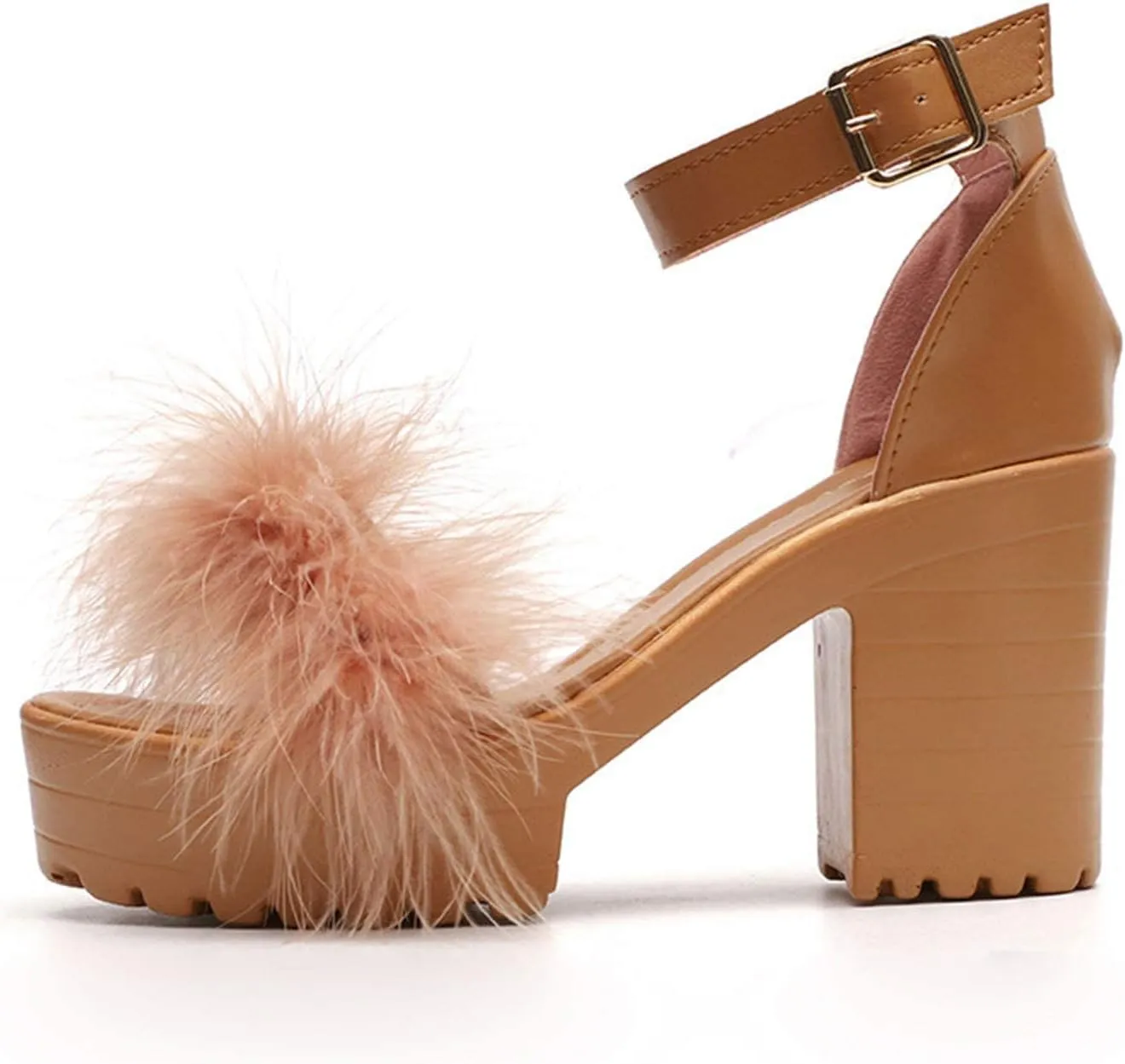 ZBYY Womens Platform Faux Fur Sandals Chunky Heel Open Toe Ankle Strap Sandals Summer High Heeled Dress Pumps Shoes
