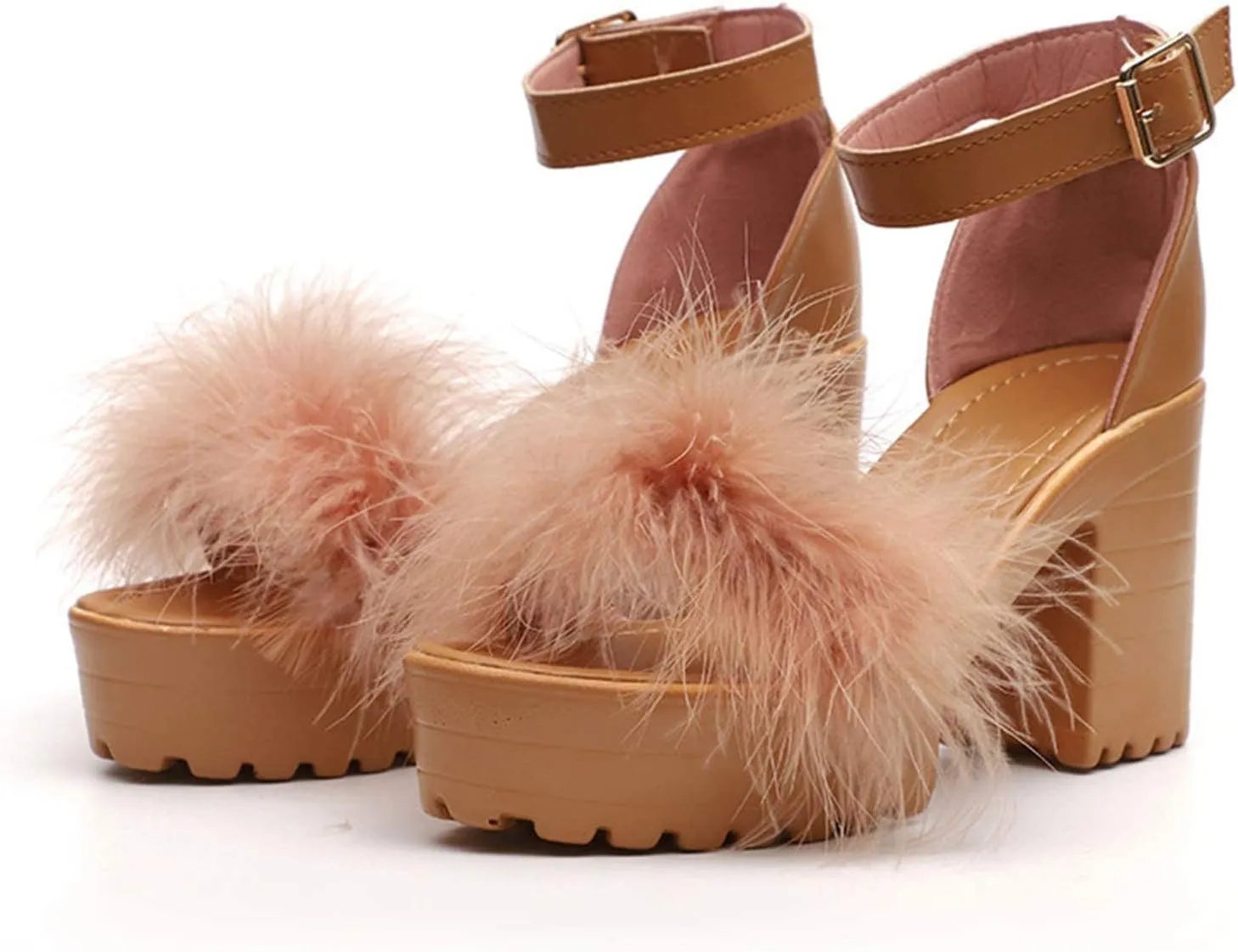 ZBYY Womens Platform Faux Fur Sandals Chunky Heel Open Toe Ankle Strap Sandals Summer High Heeled Dress Pumps Shoes