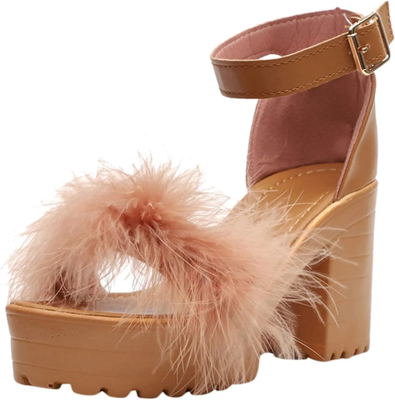 ZBYY Womens Platform Faux Fur Sandals Chunky Heel Open Toe Ankle Strap Sandals Summer High Heeled Dress Pumps Shoes