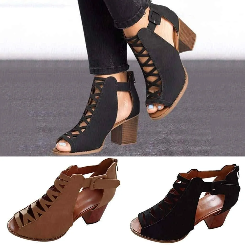 ZBYY Womens Platform Open Toe Sandals Summer Ankle Strap Zipper Chunky High Heel Sandals Faux Suede Cutout Dress Booties