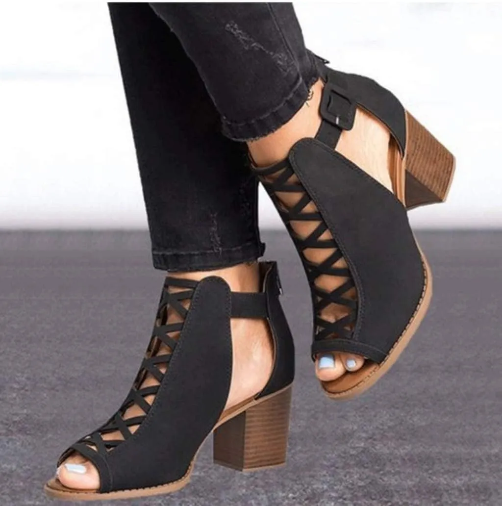 ZBYY Womens Platform Open Toe Sandals Summer Ankle Strap Zipper Chunky High Heel Sandals Faux Suede Cutout Dress Booties