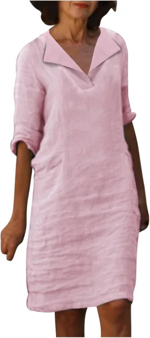 ZDRZK Casual Dresses for Women Lapel V Neck Solid Linen Cotton Summer Dresses Short Sleeve Loose Fit Pullover Dress