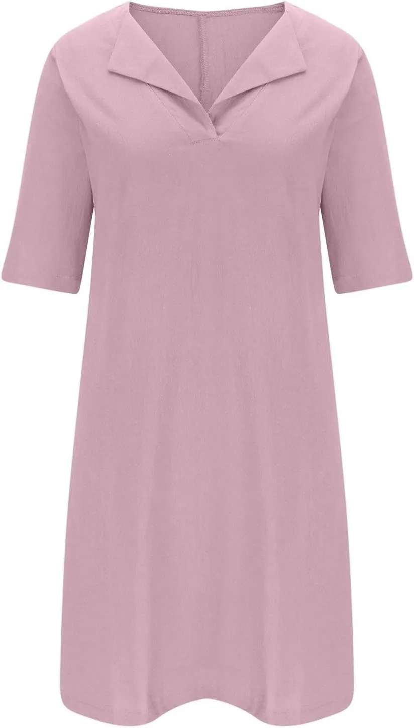 ZDRZK Casual Dresses for Women Lapel V Neck Solid Linen Cotton Summer Dresses Short Sleeve Loose Fit Pullover Dress