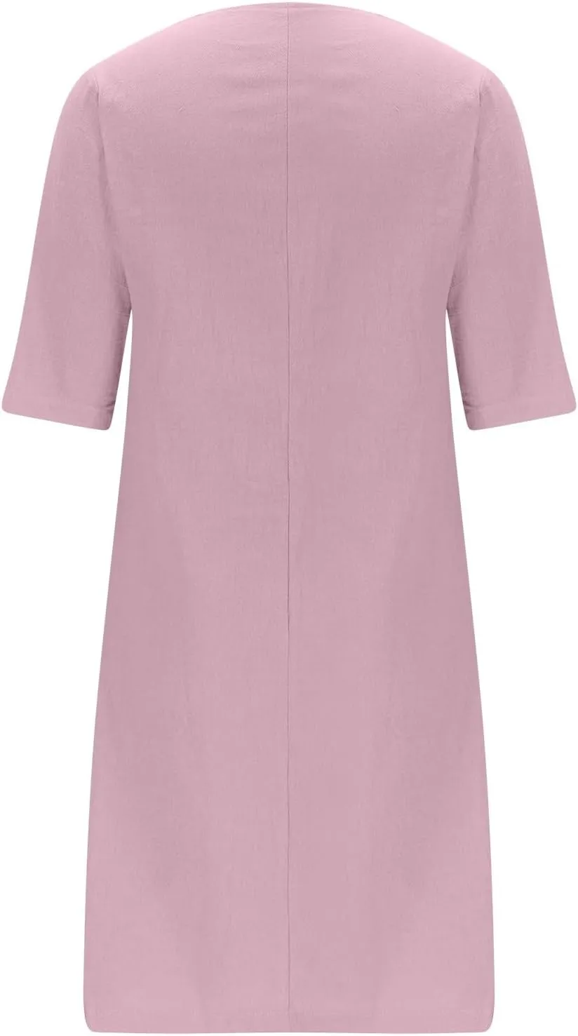 ZDRZK Casual Dresses for Women Lapel V Neck Solid Linen Cotton Summer Dresses Short Sleeve Loose Fit Pullover Dress