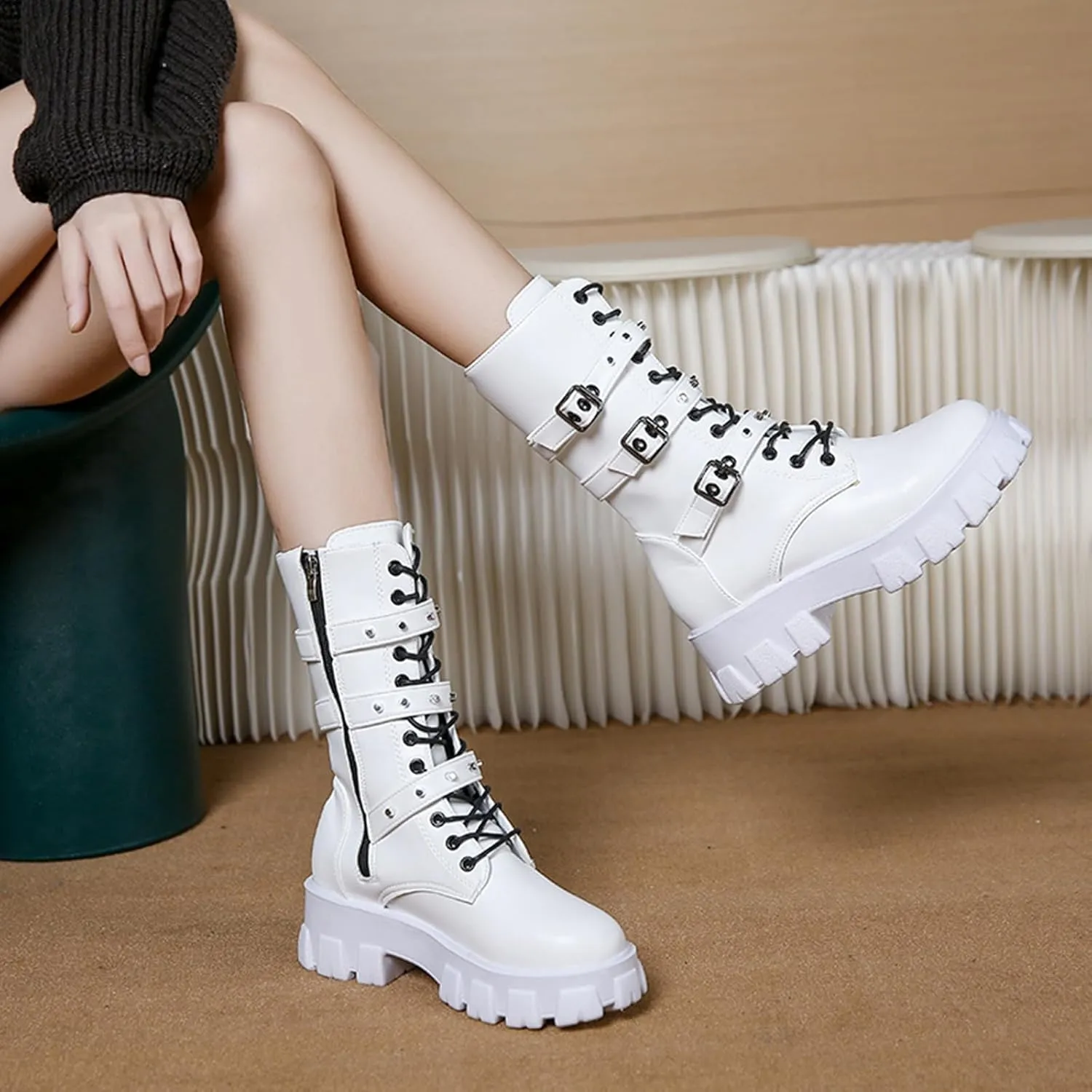 ZKXYFFS Womens Goth Ankle Booties Chunky High Heel Mid Calf Boots Side Zip Combat Boots Lace Up Punk Rivet Boots Motorcycle Platform Boots for Women, 7, White