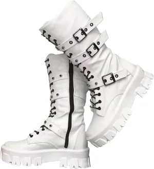 ZKXYFFS Womens Goth Ankle Booties Chunky High Heel Mid Calf Boots Side Zip Combat Boots Lace Up Punk Rivet Boots Motorcycle Platform Boots for Women, 7, White
