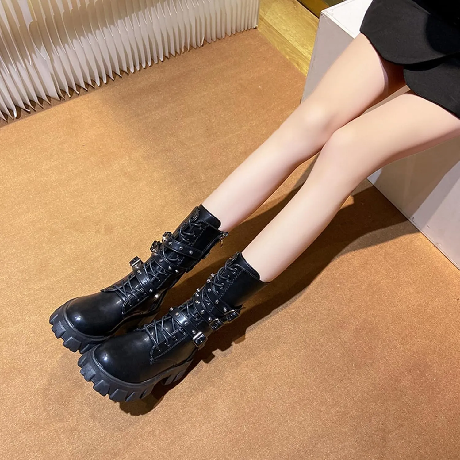 ZKXYFFS Womens Goth Ankle Booties Chunky High Heel Mid Calf Boots Side Zip Combat Boots Lace Up Punk Rivet Boots Motorcycle Platform Boots for Women