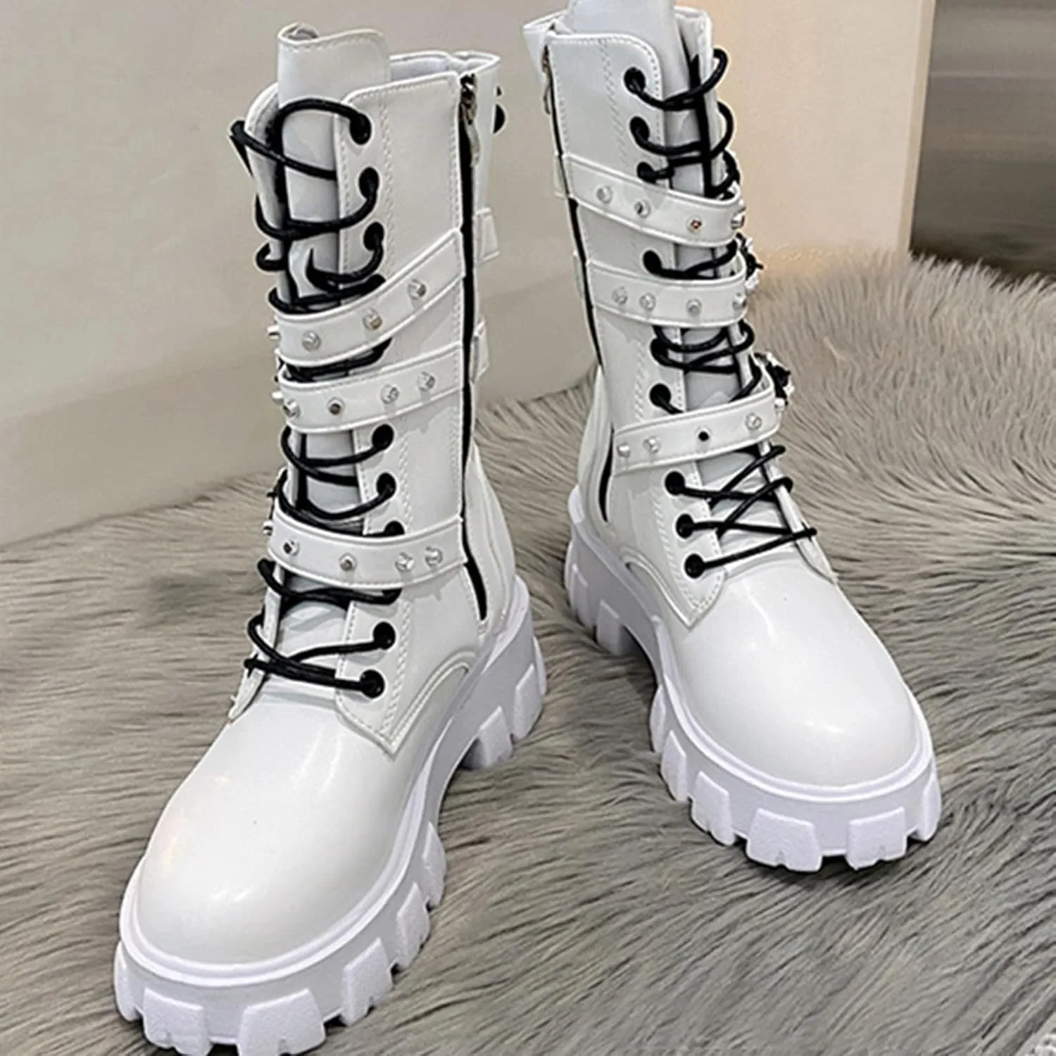 ZKXYFFS Womens Goth Ankle Booties Chunky High Heel Mid Calf Boots Side Zip Combat Boots Lace Up Punk Rivet Boots Motorcycle Platform Boots for Women