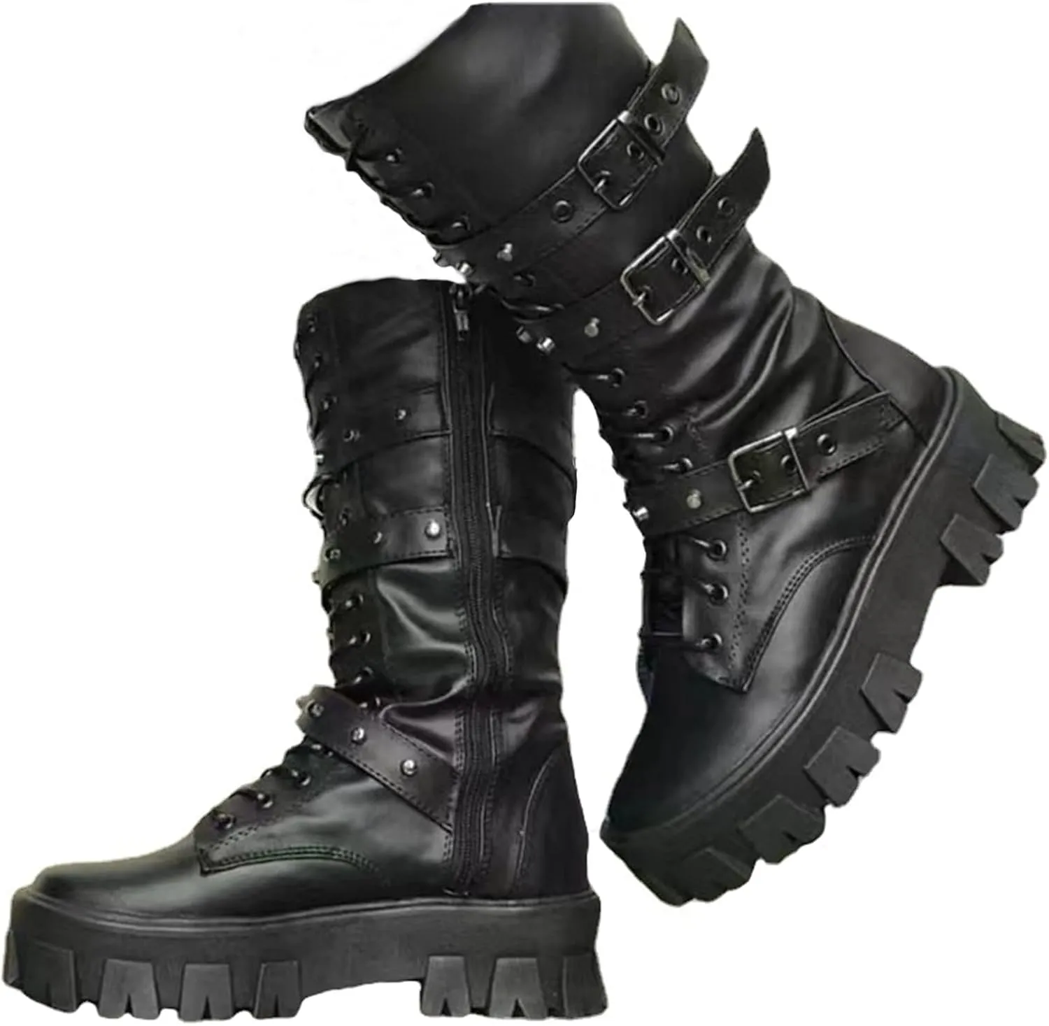 ZKXYFFS Womens Goth Ankle Booties Chunky High Heel Mid Calf Boots Side Zip Combat Boots Lace Up Punk Rivet Boots Motorcycle Platform Boots for Women