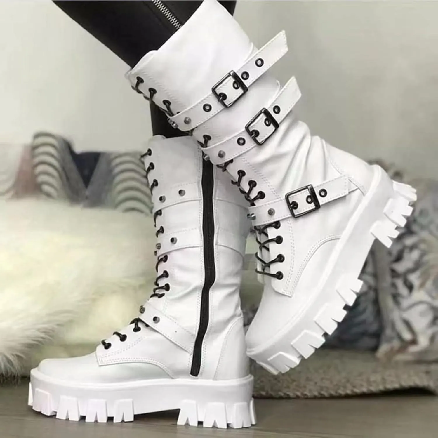 ZKXYFFS Womens Goth Ankle Booties Chunky High Heel Mid Calf Boots Side Zip Combat Boots Lace Up Punk Rivet Boots Motorcycle Platform Boots for Women