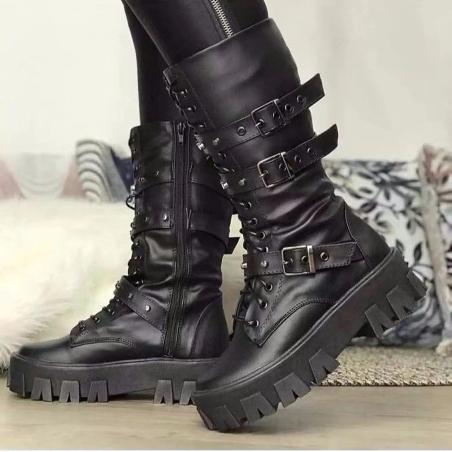 ZKXYFFS Womens Goth Ankle Booties Chunky High Heel Mid Calf Boots Side Zip Combat Boots Lace Up Punk Rivet Boots Motorcycle Platform Boots for Women